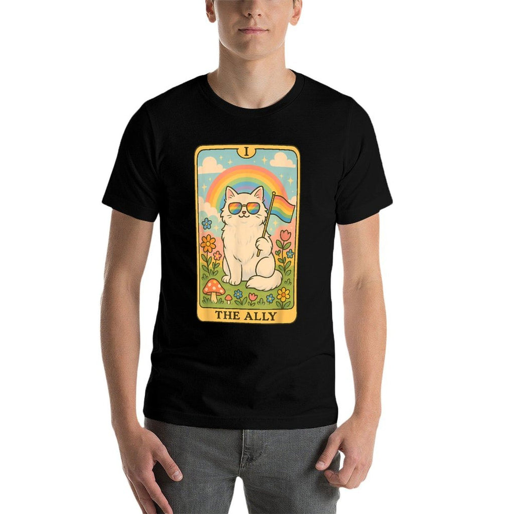 Funny Ally Cat Tarot Card Pride Sunglasses Gay Pride LGBTQ  Summer-ready Fabric T-Shirt