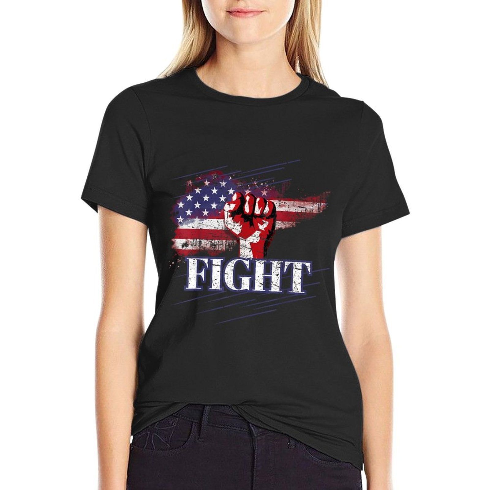 Fight Fist Pump USA Patriotism  Ribbed Collar T-Shirt