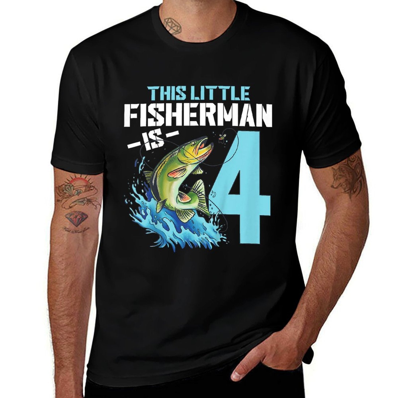 Kids Fishing Birthday 4 Year Old Boy Fisher 4th Bday Kids  Rolled Sleeves T-Shirt