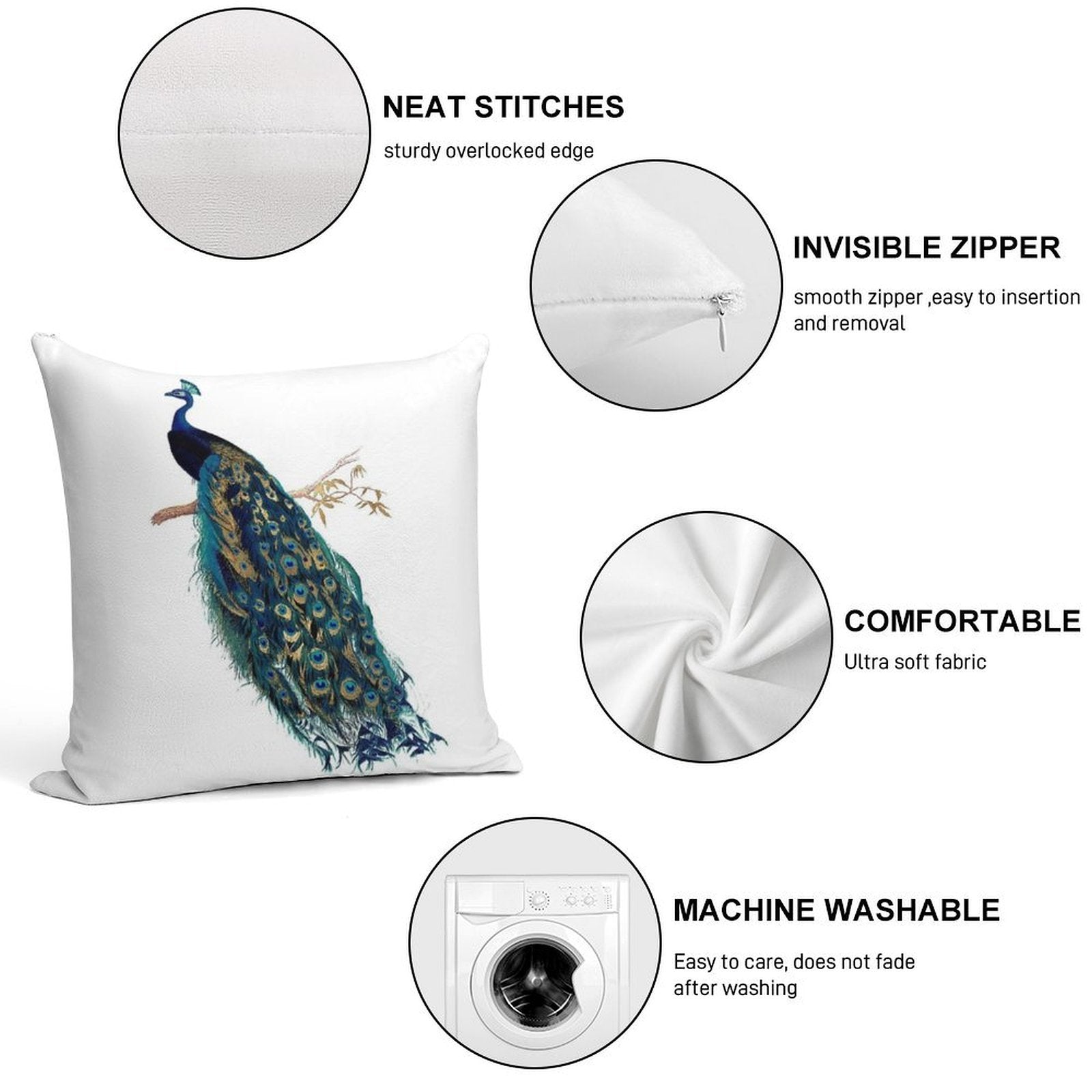 Vintage Peacock Soft Shrink-Resistant Throw Pillow