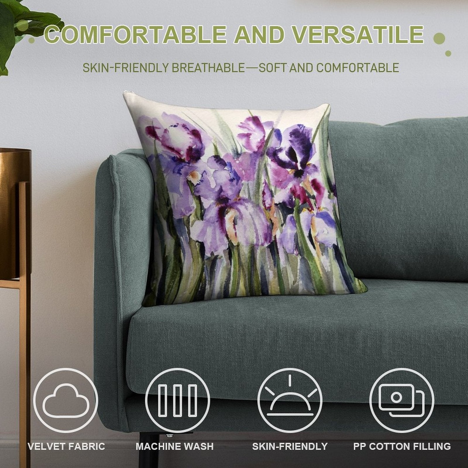 Purple Iris Art Watercolor Soft Decorative Cover Throw Pillow