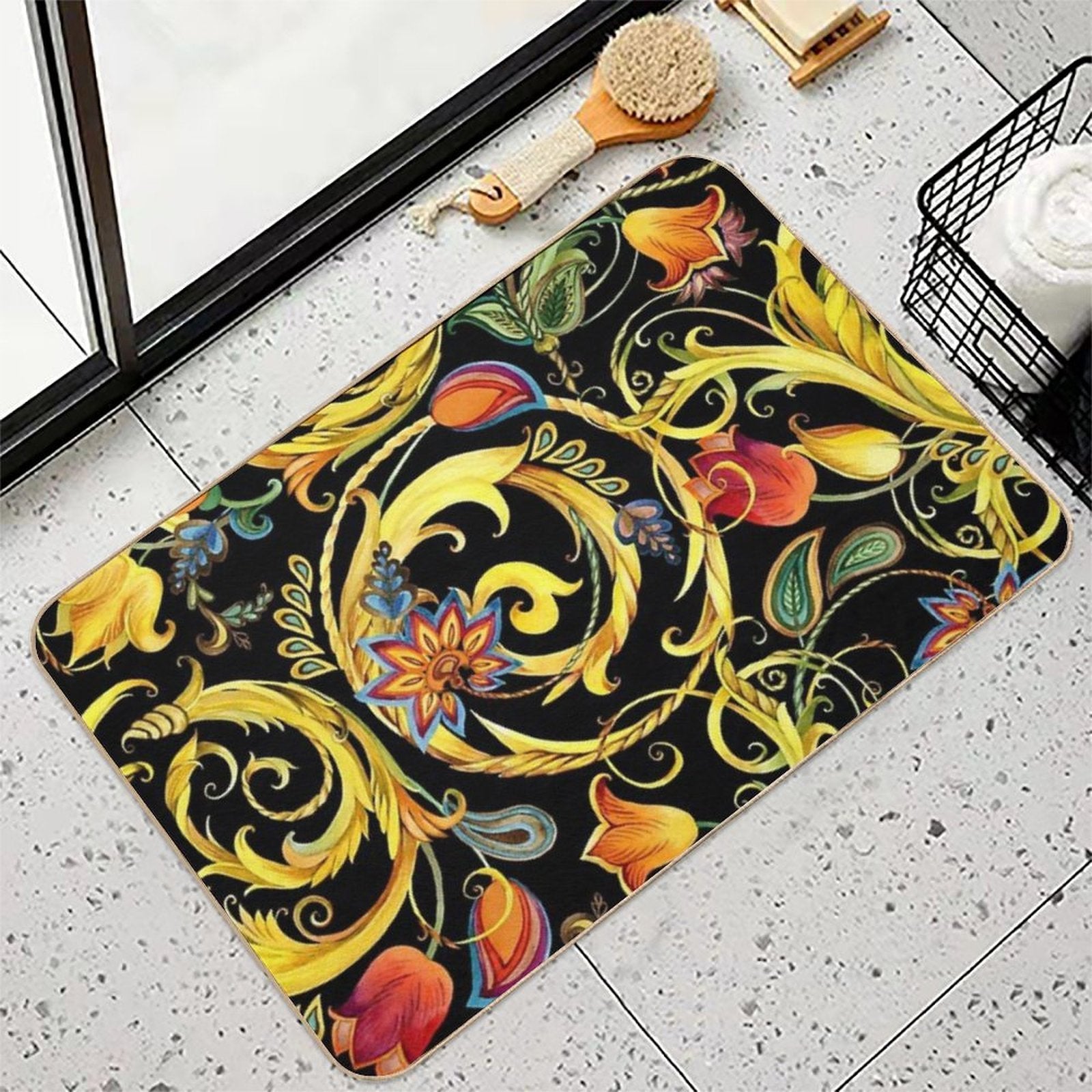 Vintage Golden Chains, Gold Flower,  High-Traffic Bath Mat