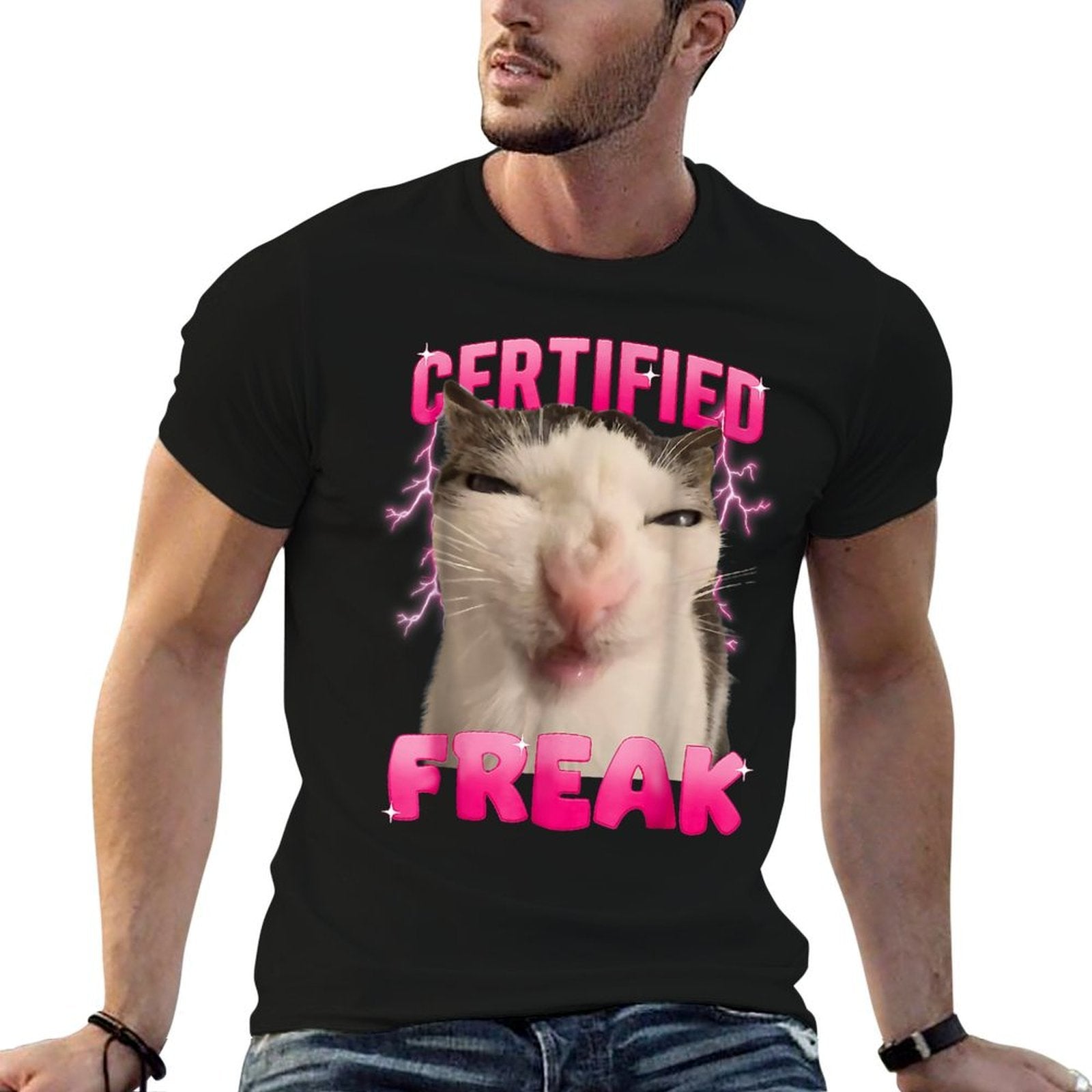 Certified Freak Eat Cement Cursed Cat Funny Cat Meme  Ribbed Collar T-Shirt