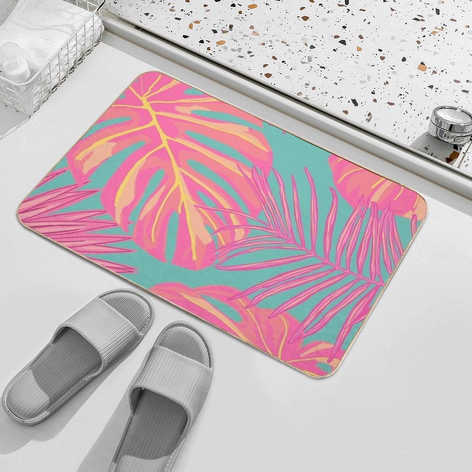 Tropical Leaves in Pink And Turquoise  Easy To Clean Bath Mat