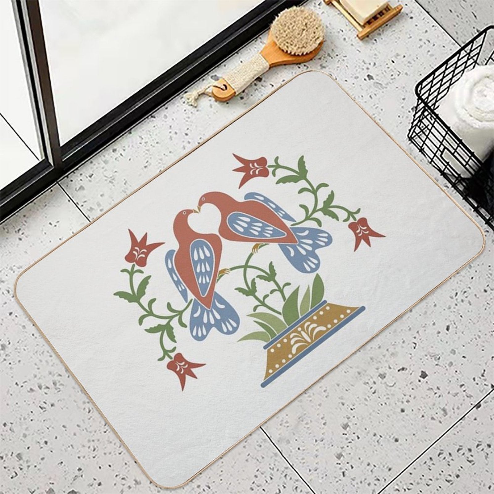 Folk Art Love Birds with Tulips  Slip-Resistant Bath Mat