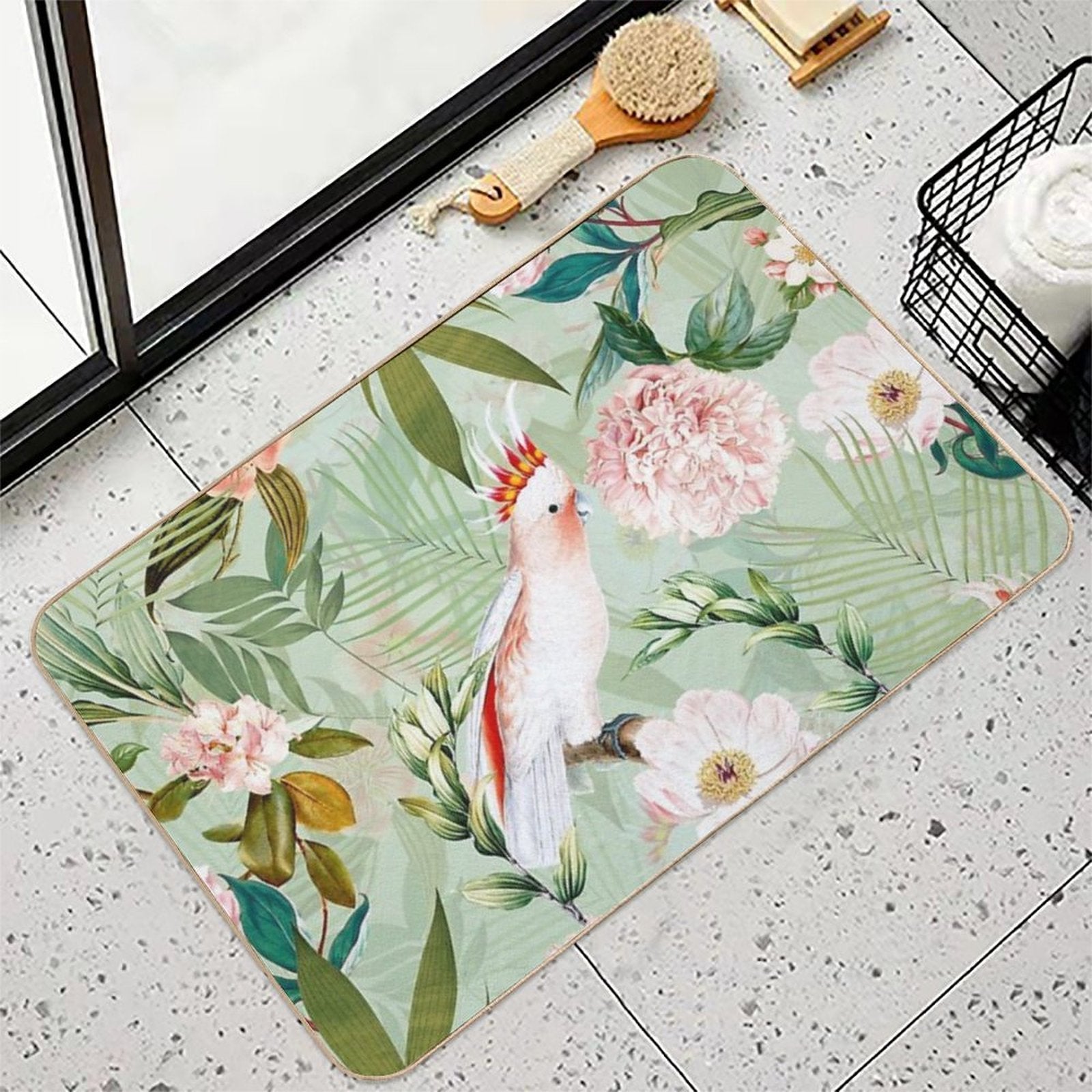 Tropical Cockatoo And Jungle Botanical Garden Pattern - Mint  Slip-Resistant Bath Mat