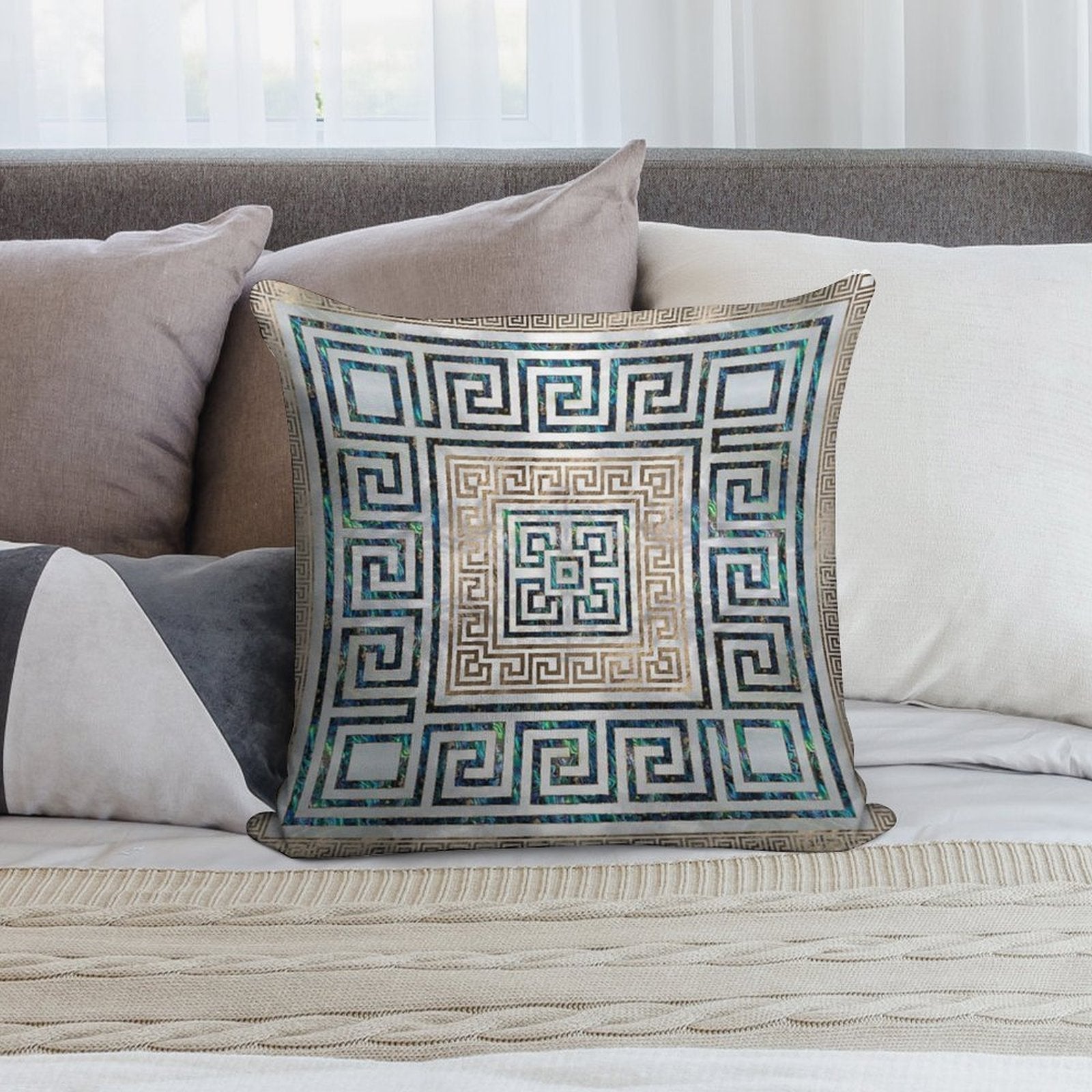 Greek Key Ornament - Greek Meander -Abalone And Gold Soft Ultra-Soft Texture Throw Pillow