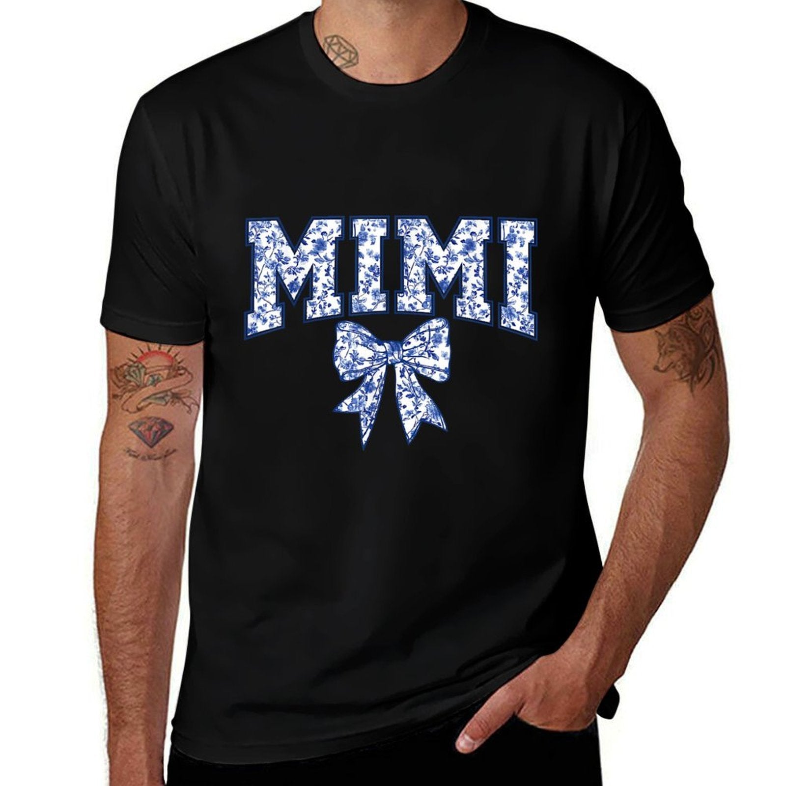 Mimi Coquette Toile Blue Bow Floral Mothers Day Family  Summer-ready Fabric T-Shirt
