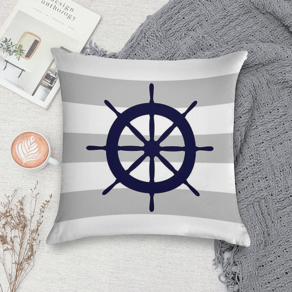 Nautical Navy Blue Ship's Wheel On Gray Stripes Soft Luxury Feel Throw Pillow