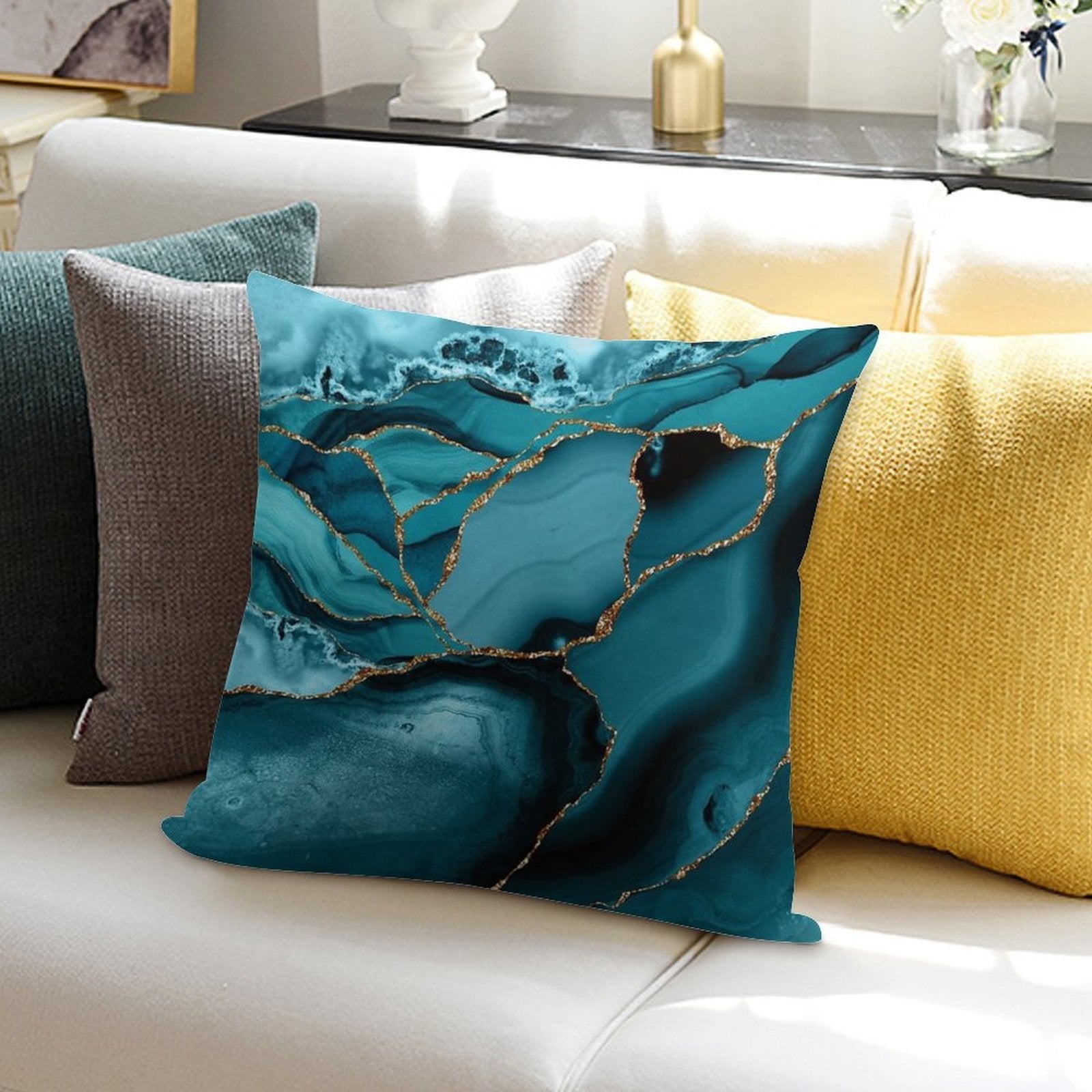 Teal And Gold Faux Marble Landscape Waves Soft Decorative Cover Throw Pillow
