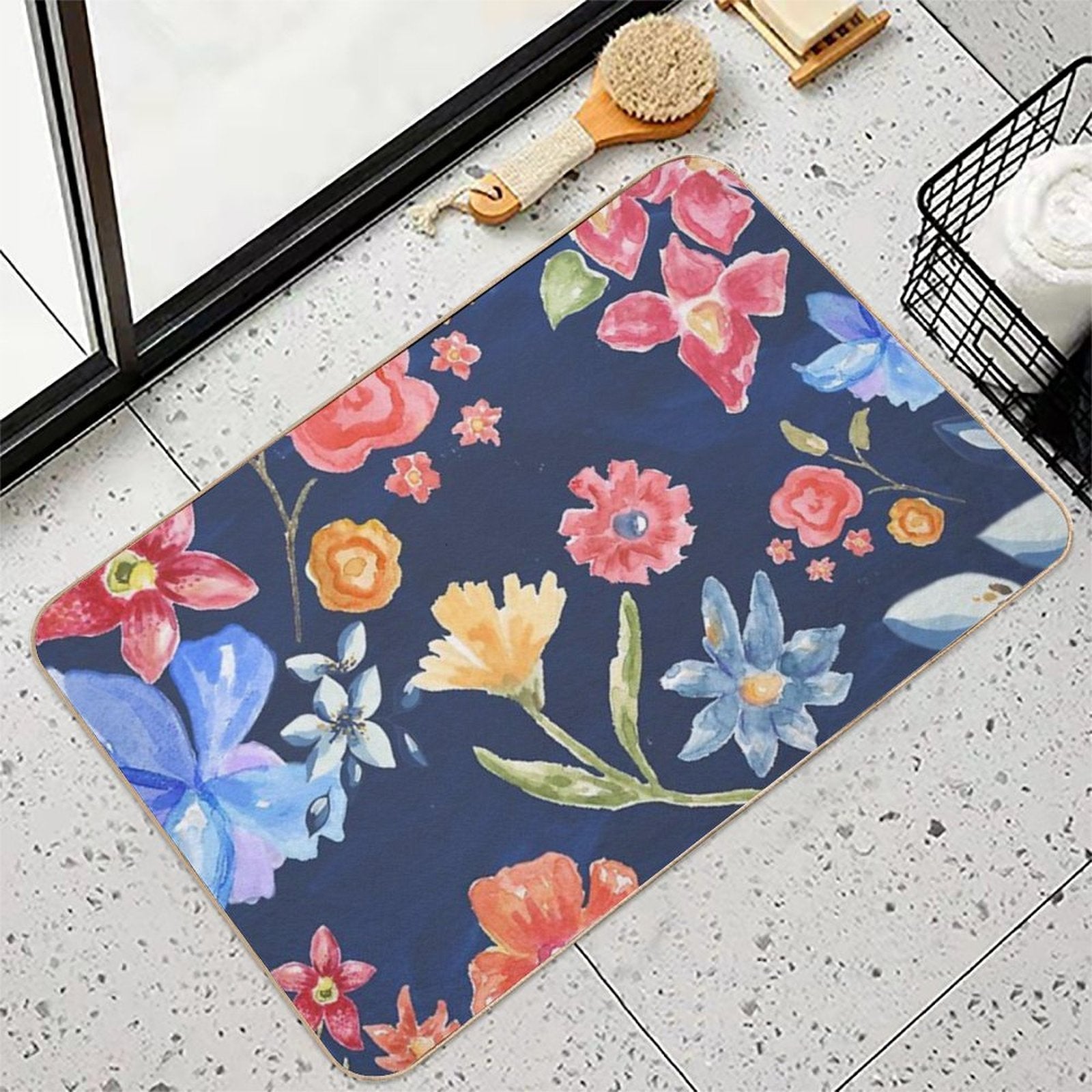 Navy Blue with Colorful Flowers  Whimsical  Fun  Floral Design  Dirt-Trapping Bath Mat