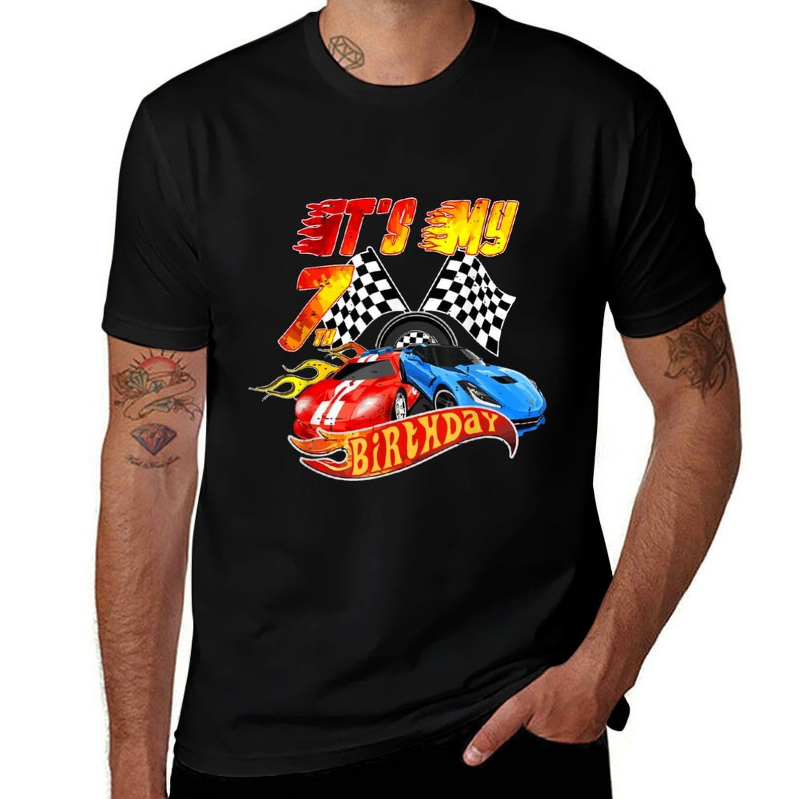 It's My 7th Birthday Kid 7 Year Old Race Car Birthday Racing  Ribbed Collar T-Shirt