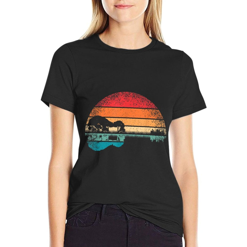 Retro Acoustic Guitar Lake Sunset Guitarist Music Lover Rock  Durable T-Shirt