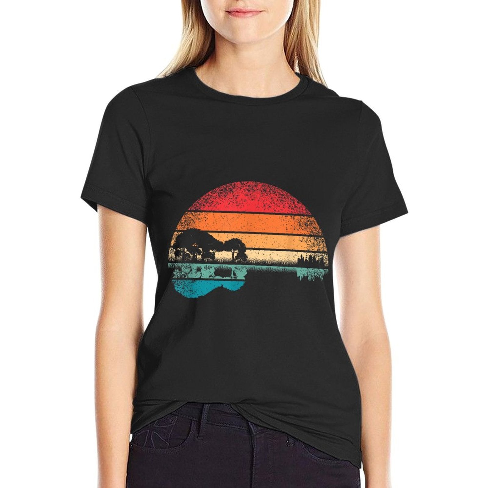 Retro Acoustic Guitar Lake Sunset Guitarist Music Lover Rock  Durable T-Shirt