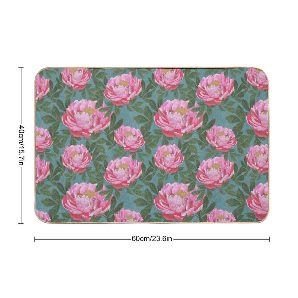 Peony on Teal  Easy To Clean Bath Mat