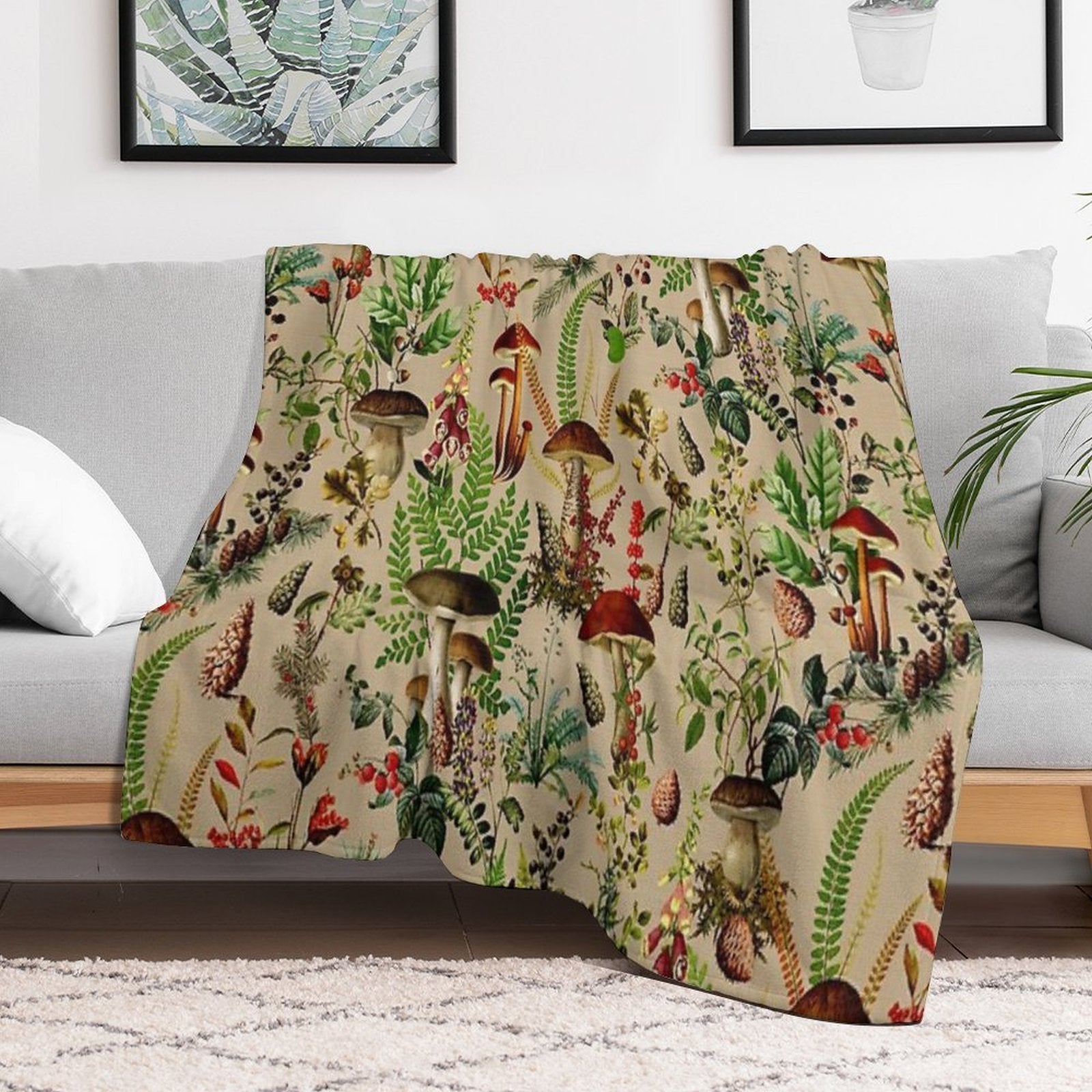 Vintage Mushrooms Forest Botanical GardenPattern - Sepia Beige Nightgarden Compact Throw Blanket