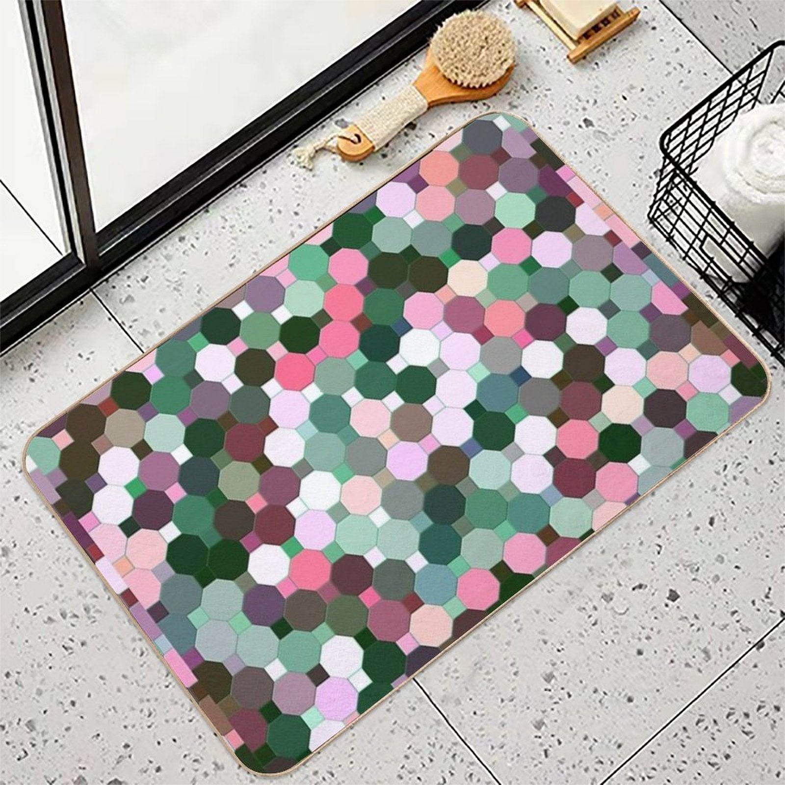 Abstract Green, Pink, Purple And White Octagons  Rapid-Drying Bath Mat