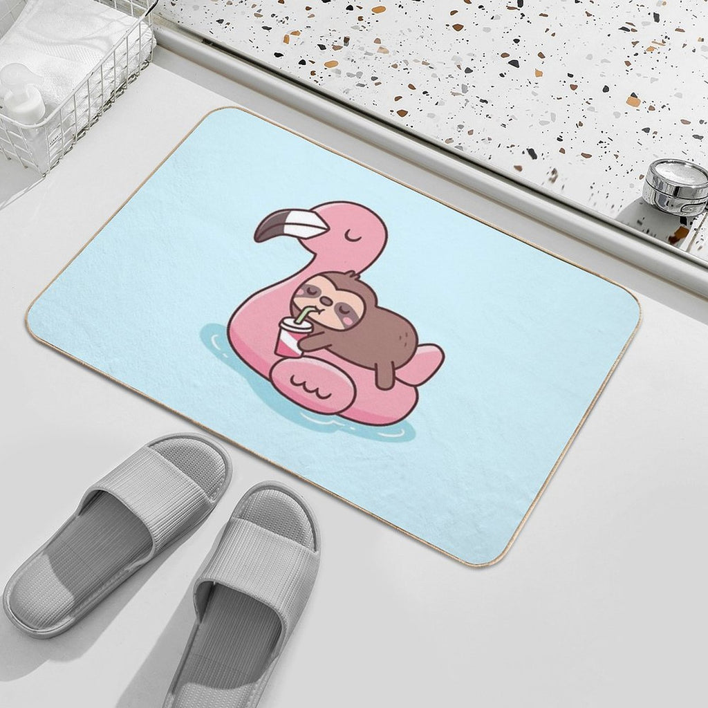 Cute Little Sloth Chilling On Flamingo Pool Float  Pet-Safe Bath Mat