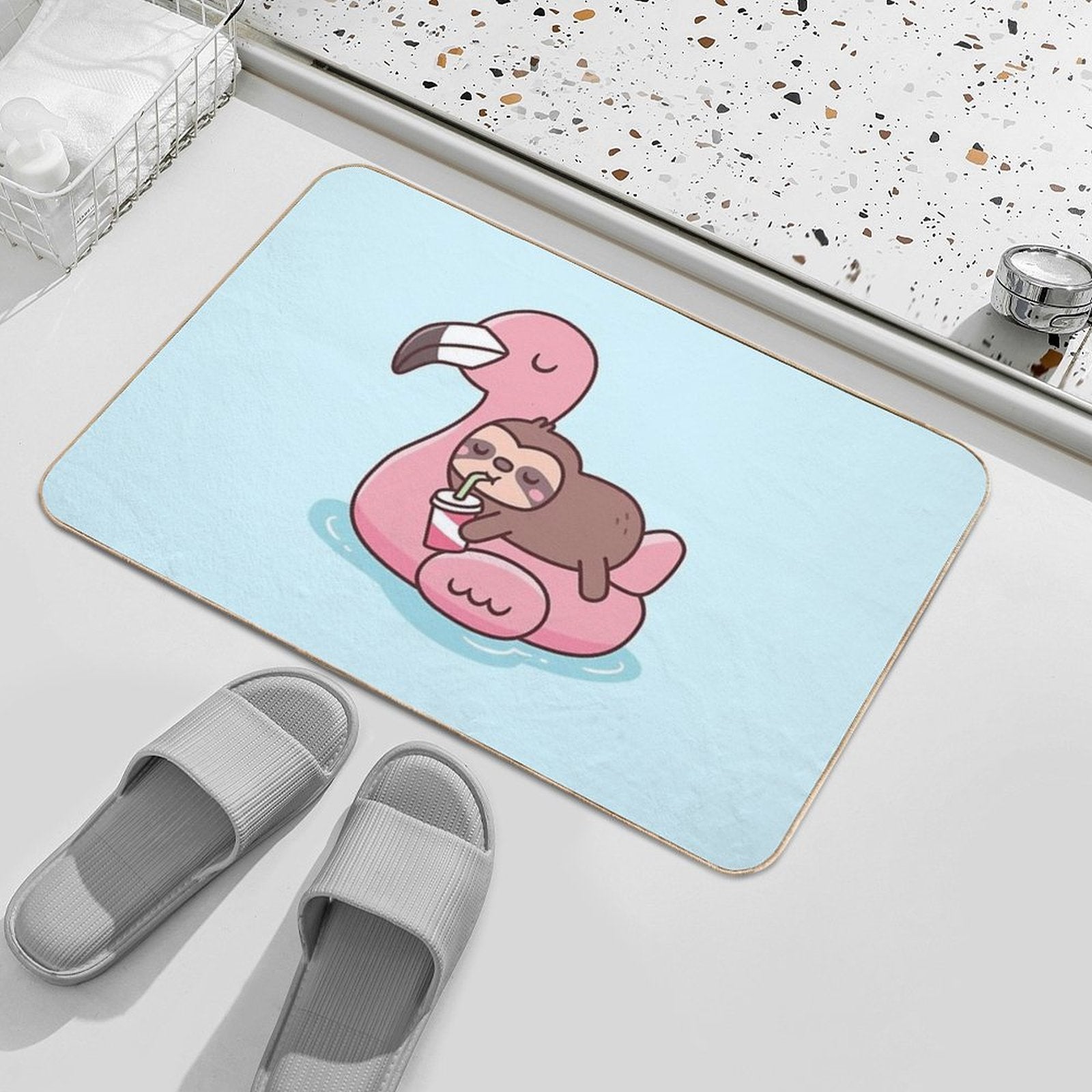 Cute Little Sloth Chilling On Flamingo Pool Float  Pet-Safe Bath Mat