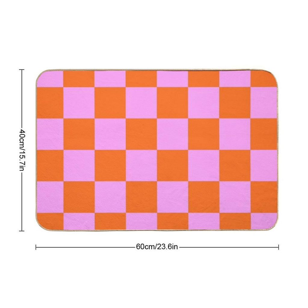 Checkerboard Retro Check Geometric Checked Pattern in Bright Orange Red And Pink  Absorbent Bath Mat