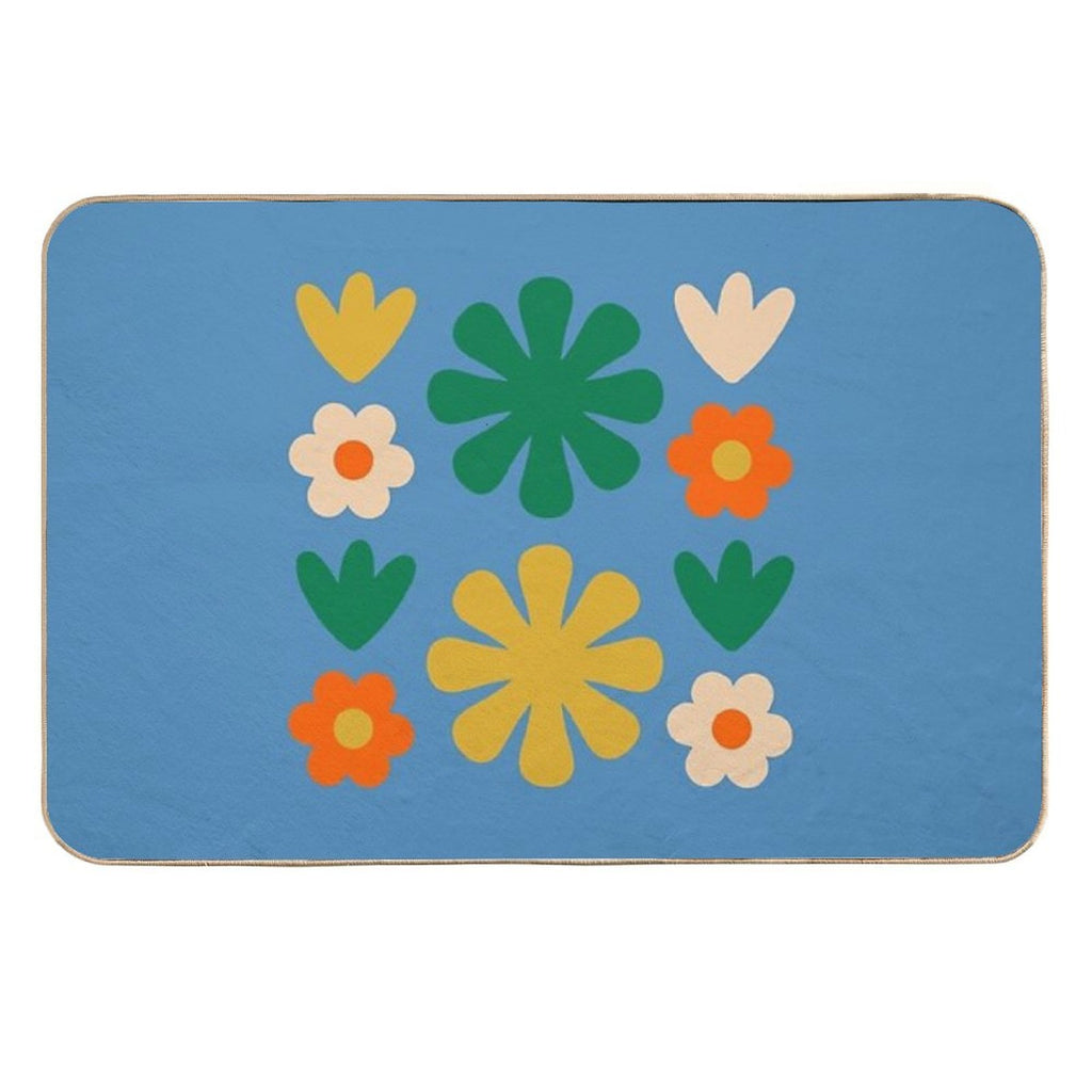 Retro Modern Scandi Flower Grid Pattern Blue Green Mustard Orange Beige  Easy Maintenance Bath Mat