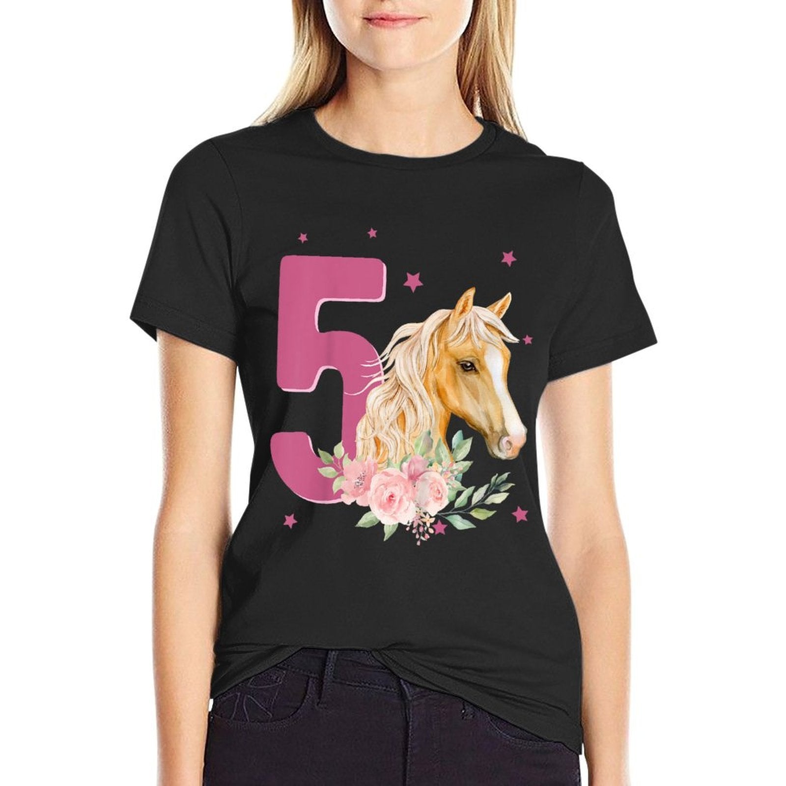 Kids 5th Birthday Horse 5 Years Old Five Finally 5 Birthday Girl  Easy-care T-Shirt
