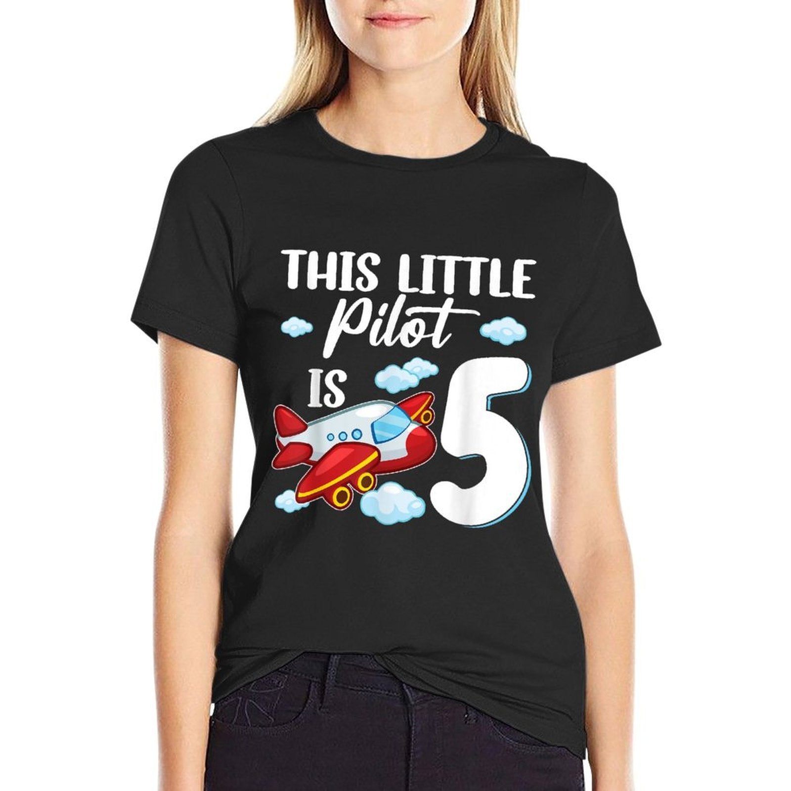 This Little Pilot Is 5 Year Old Kids Airplane 5th Birthday  Rolled Sleeves T-Shirt
