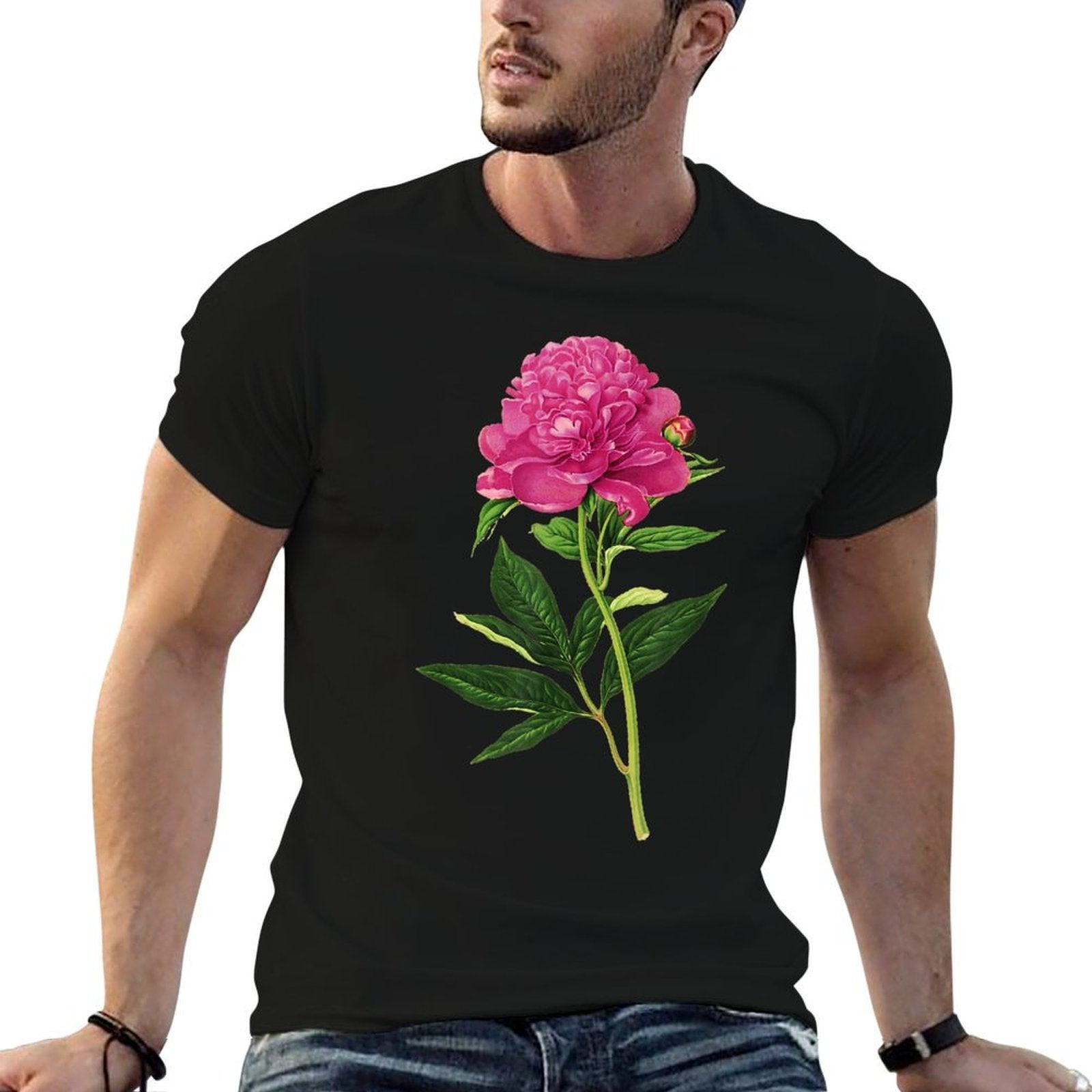 Vintage Botanical Print, Fuchsia Pink Peony  Polyester Blend T-Shirt