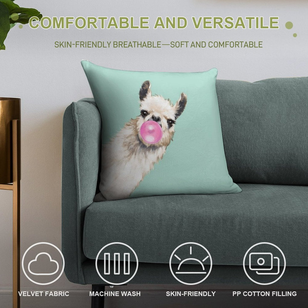 Bubble Gum Sneaky Llama in Green Soft Home Decor Throw Pillow