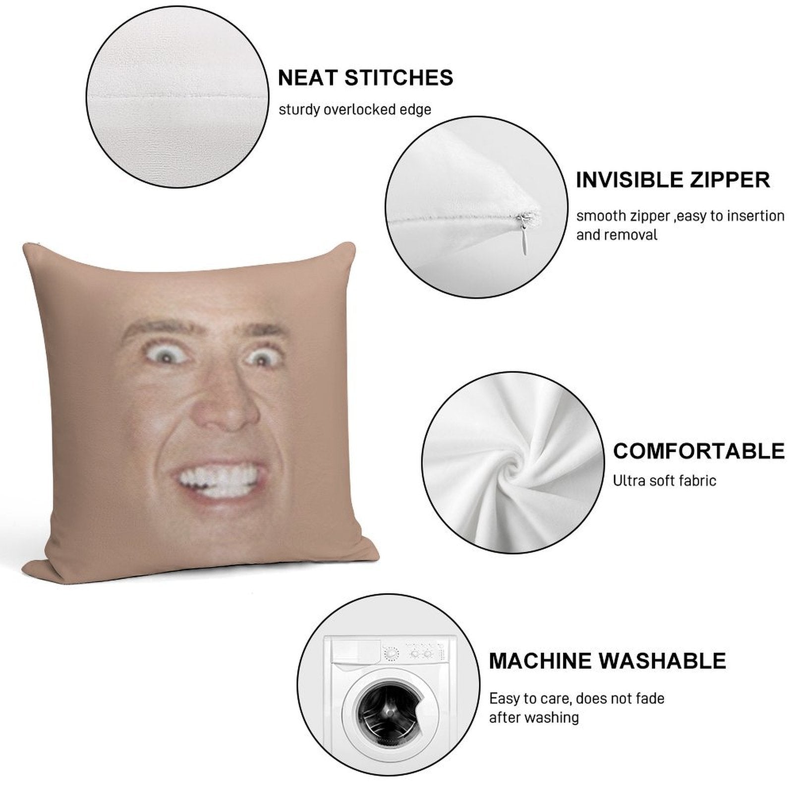 Nicholas Cage Face Pattern Soft Skin-Friendly Throw Pillow