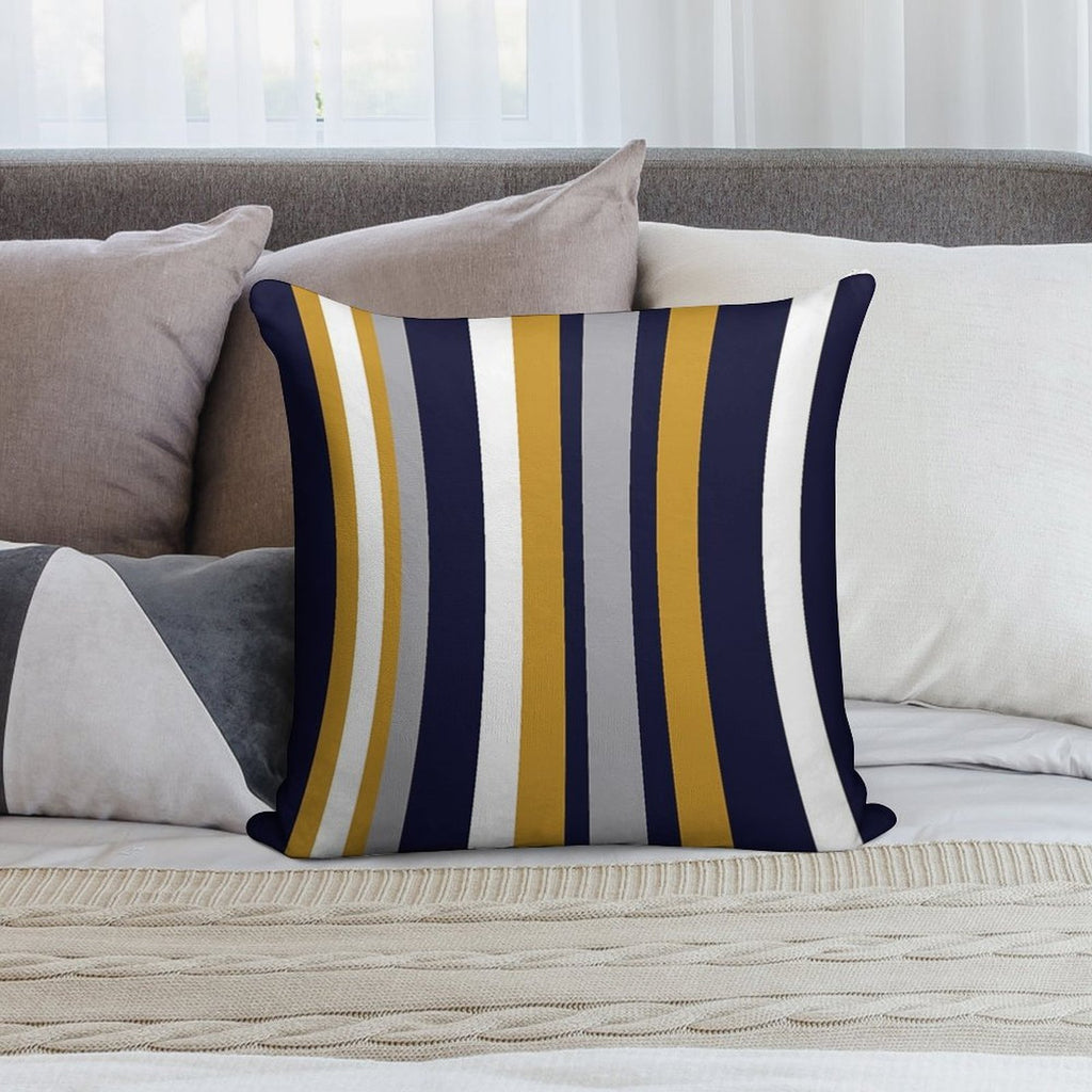 Modern Stripes Vertical Pattern in Honey Mustard Yellow, Dark Navy Blue, Gray, And White. Minimalist Color Block Soft Short Plush Fabric Throw Pillow
