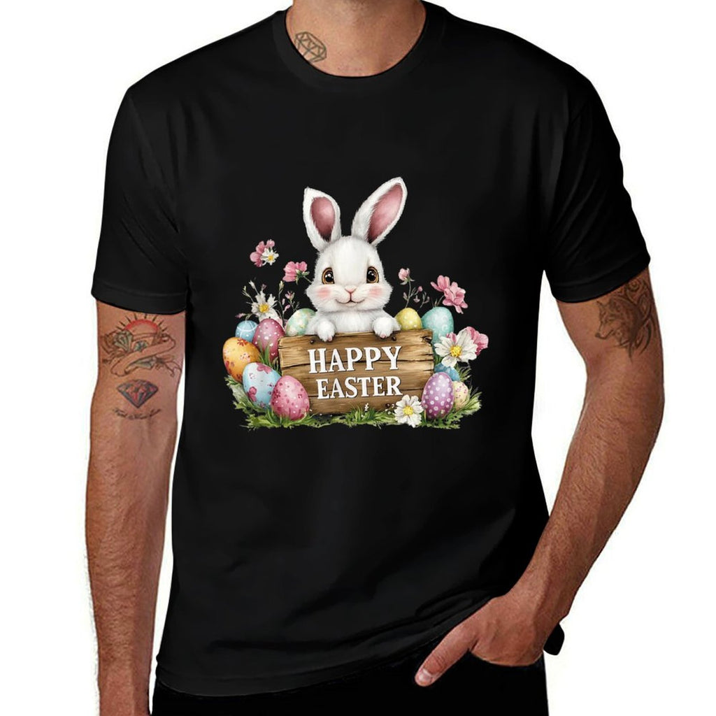 Cute Bunny With Happy Easter Sign  Colorful Easter Eggs  Soft T-Shirt