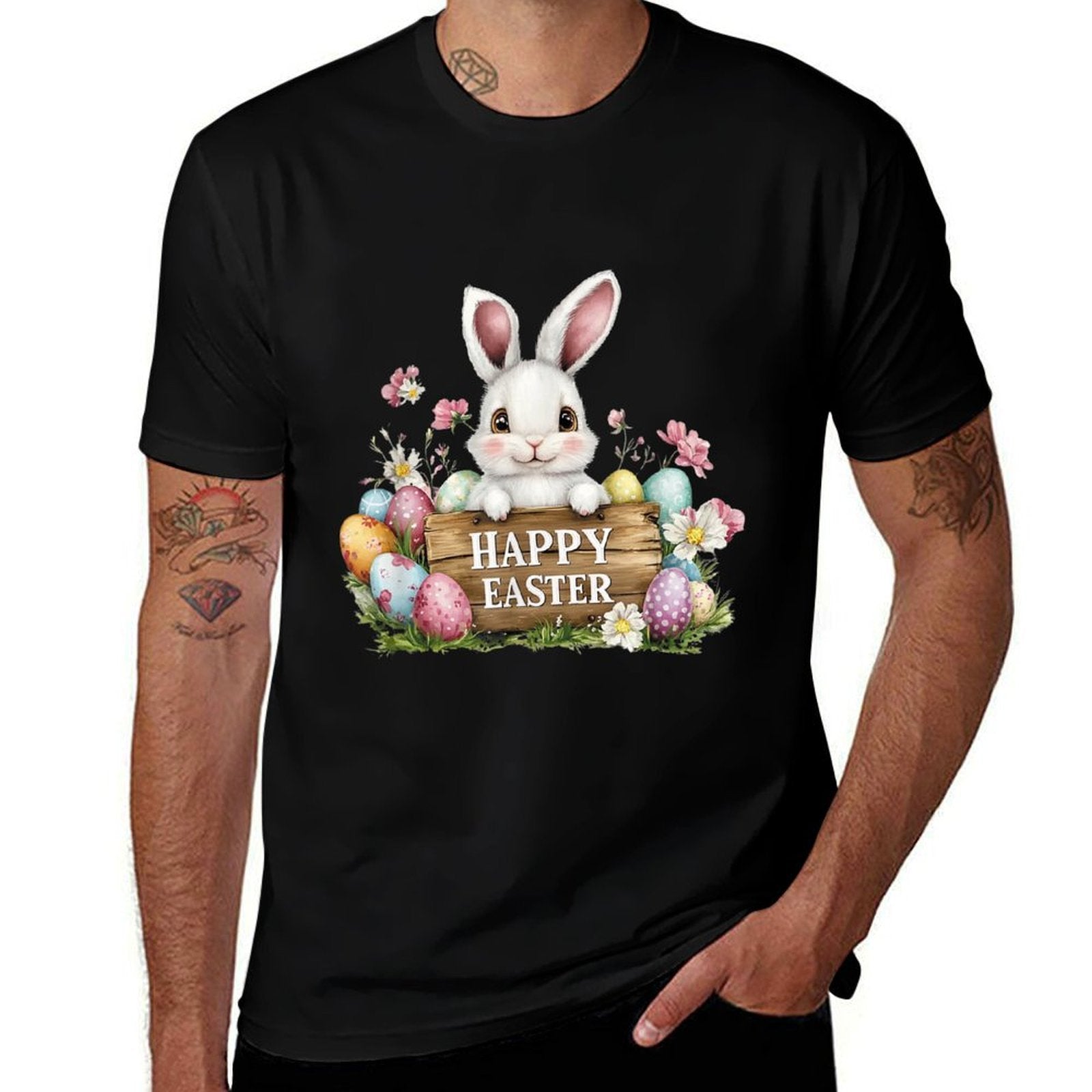 Cute Bunny With Happy Easter Sign  Colorful Easter Eggs  Soft T-Shirt
