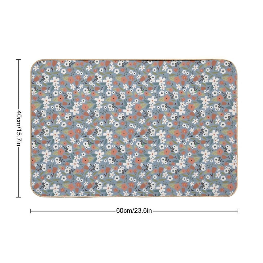 White Flowers on Blue Background Vintage Seamless Pattern  Non-Slip Bath Mat