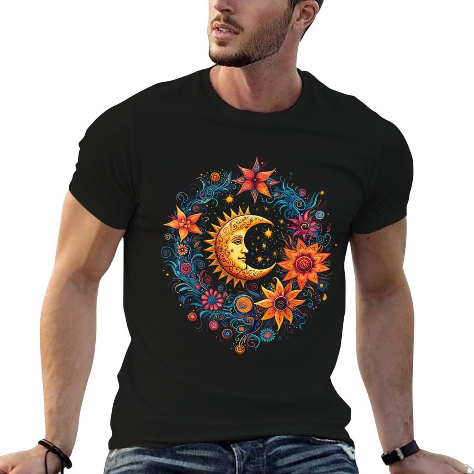 Mystic Sun And Moon Woman Mystical Flowers Aesthetic  Cotton T-Shirt