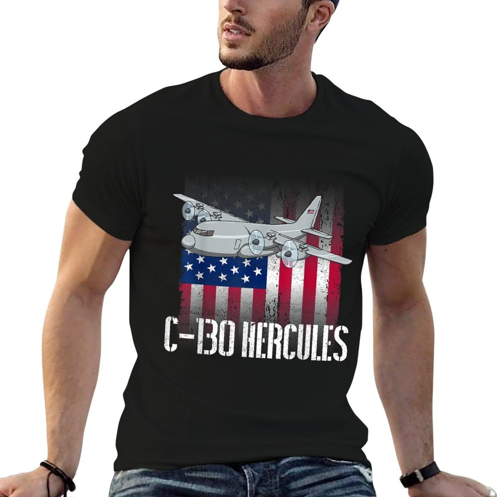 THE SALTY VETERAN C-130 Hercules American Military Airplane - Black, Unisex-Adults, Small,, Modern, Casual, Military, Independen  Easy-care T-Shirt