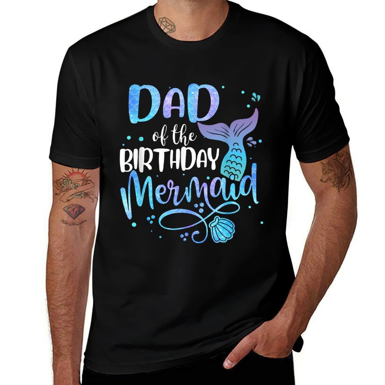 Dad Of The Birthday Mermaid Family Matching Party Squad  Ribbed Collar T-Shirt