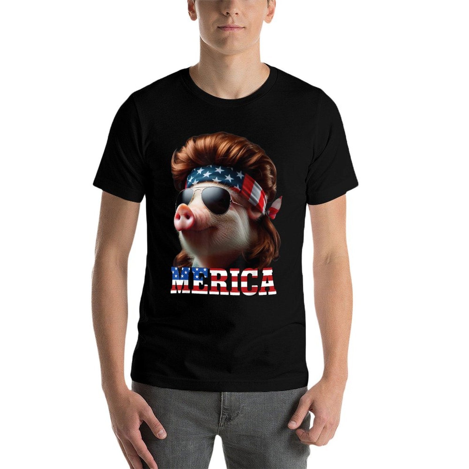 Pig Merica Mullet 4th of July And Fathers Day Man Funny  Fade-proof Color T-Shirt