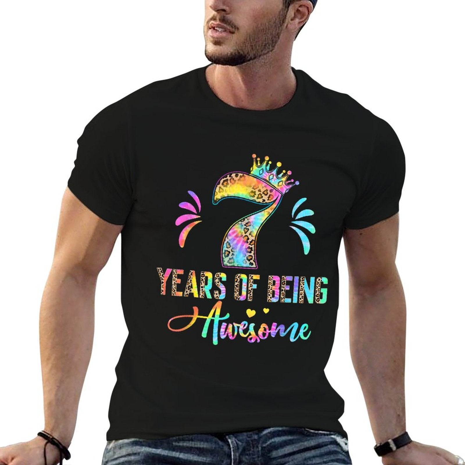 Kids Seven Year Old Rainbow 7th Birthday Leopard For Girls 7  Odor-resistant T-Shirt