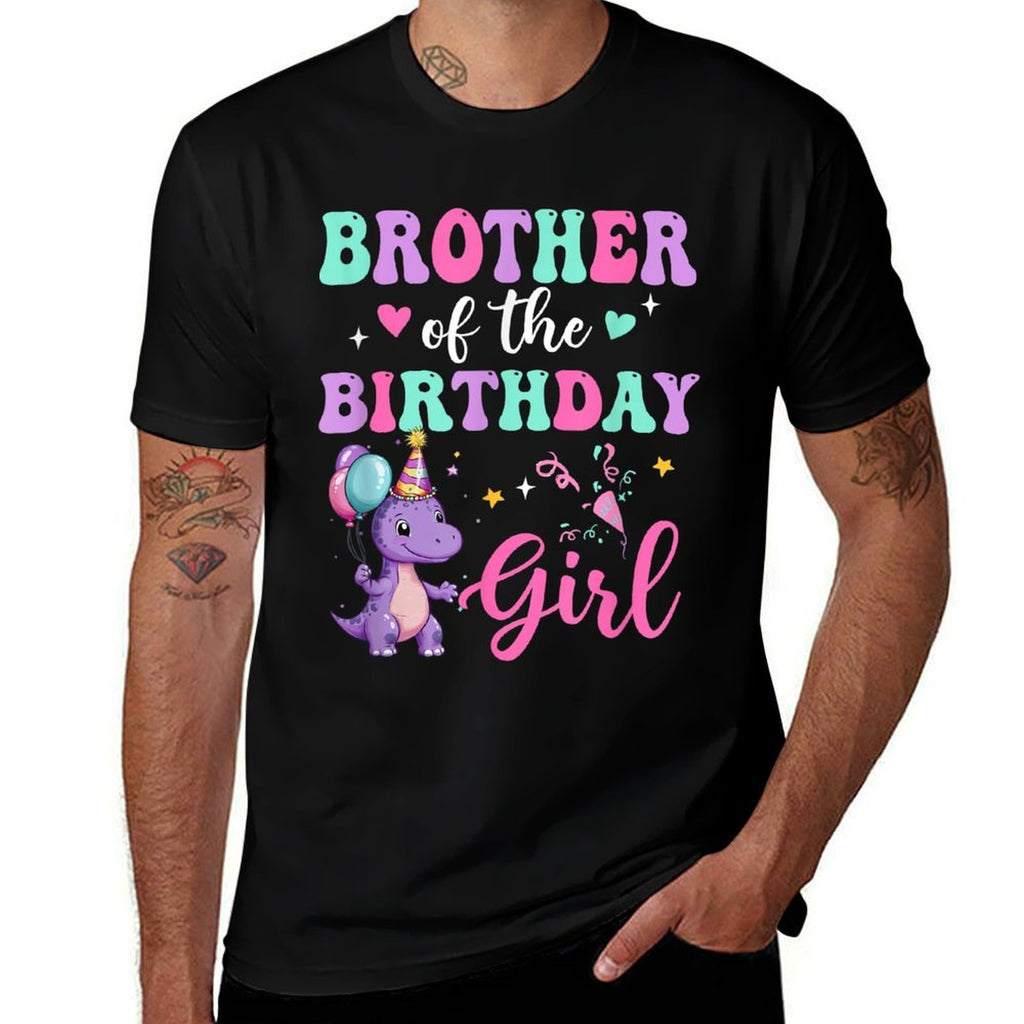 Brother Of The Birthday For Girl Dinosaur T-Rex Party Family  Ribbed Collar T-Shirt
