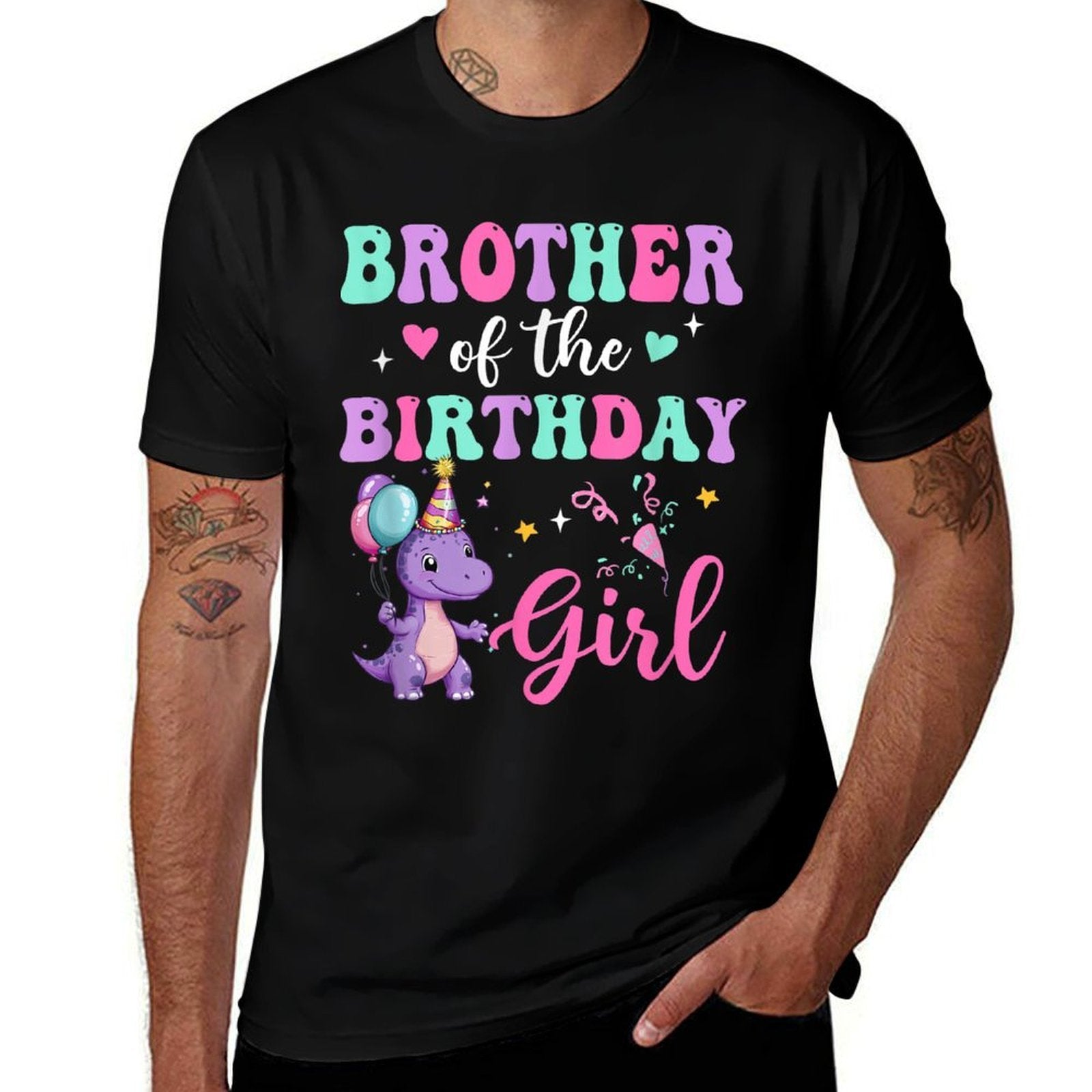 Brother Of The Birthday For Girl Dinosaur T-Rex Party Family  Ribbed Collar T-Shirt