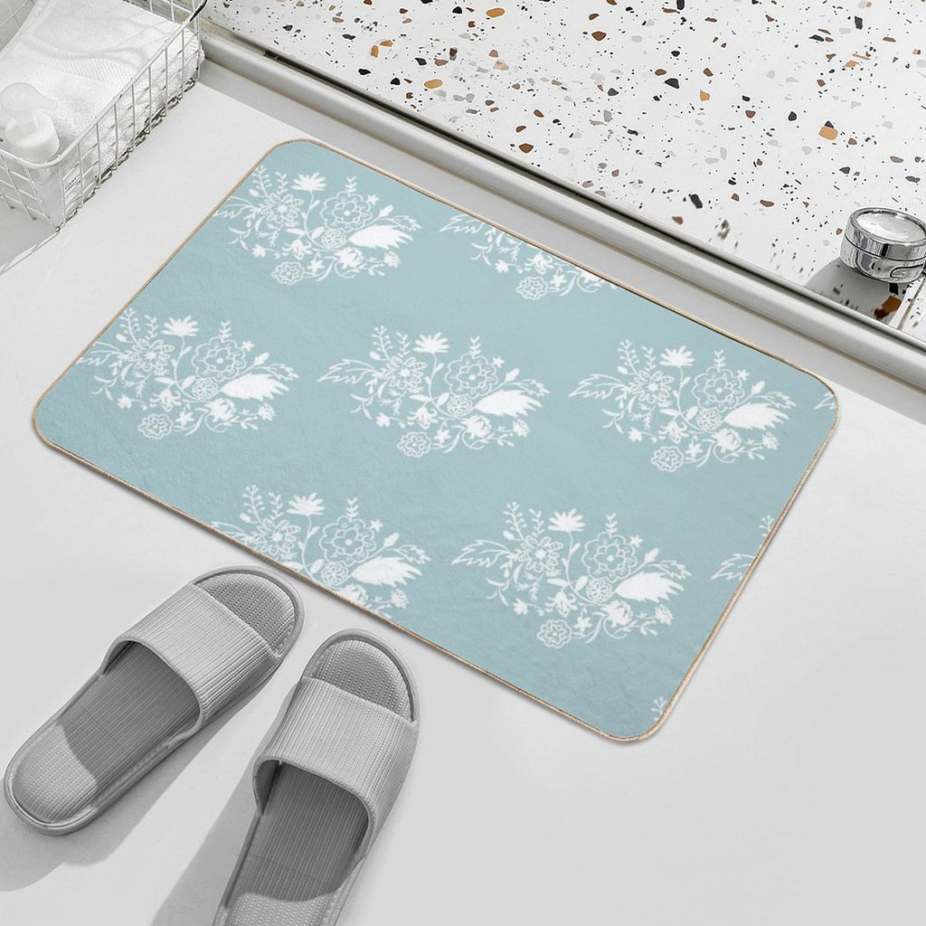 White Abstract Floral Patterns with Sky Blue Background  Toxin-Free Bath Mat