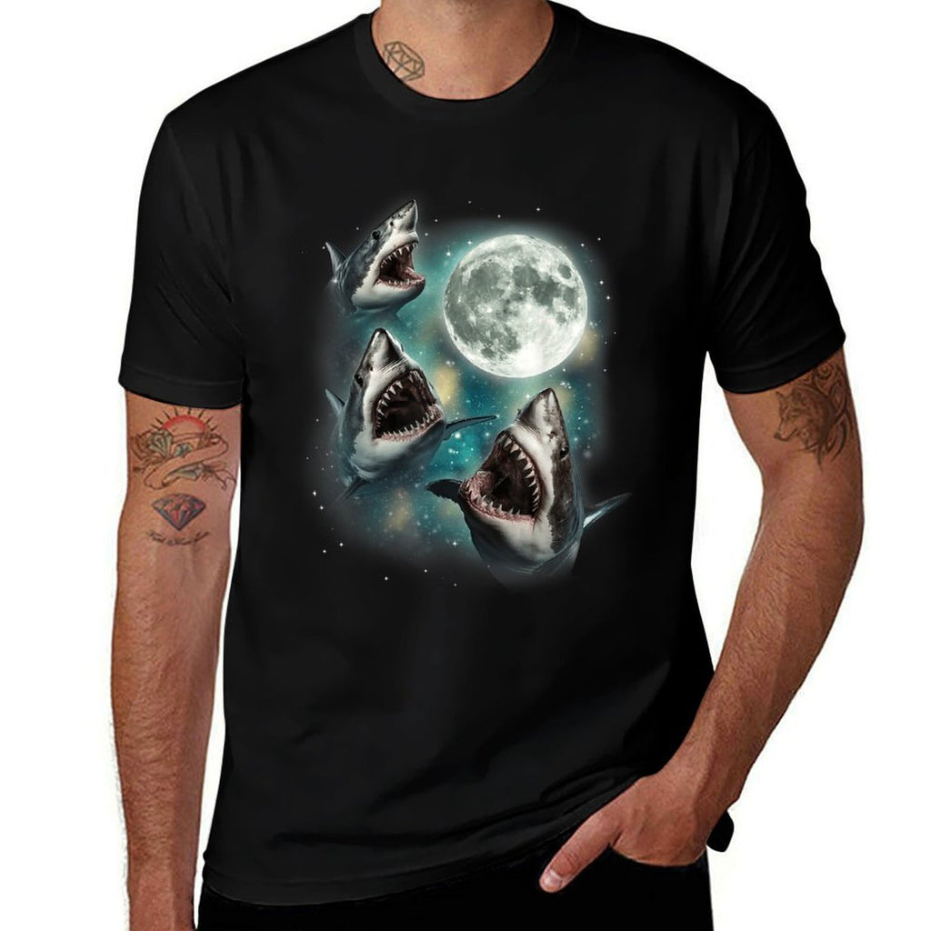 Three Shark Moon  3 Great Whites Howling Wolfs Moon Parody  Ribbed Collar T-Shirt
