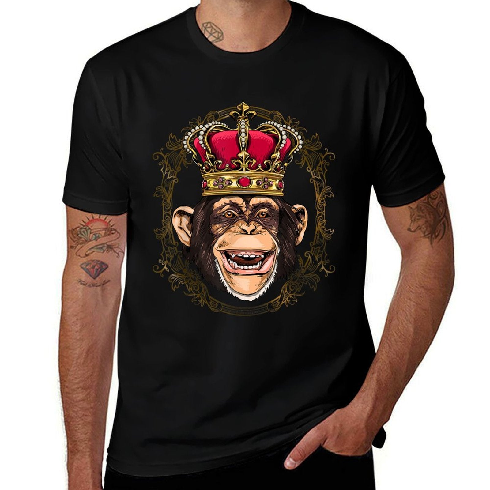King Monkey Wearing Crown - Queen Monkey Animal  Ribbed Collar T-Shirt