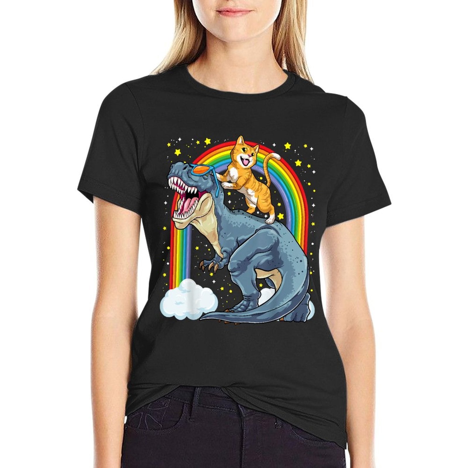 Cat Riding Dinosaur T-Rex Kitten Rainbow Dino Funny  Ribbed Collar T-Shirt