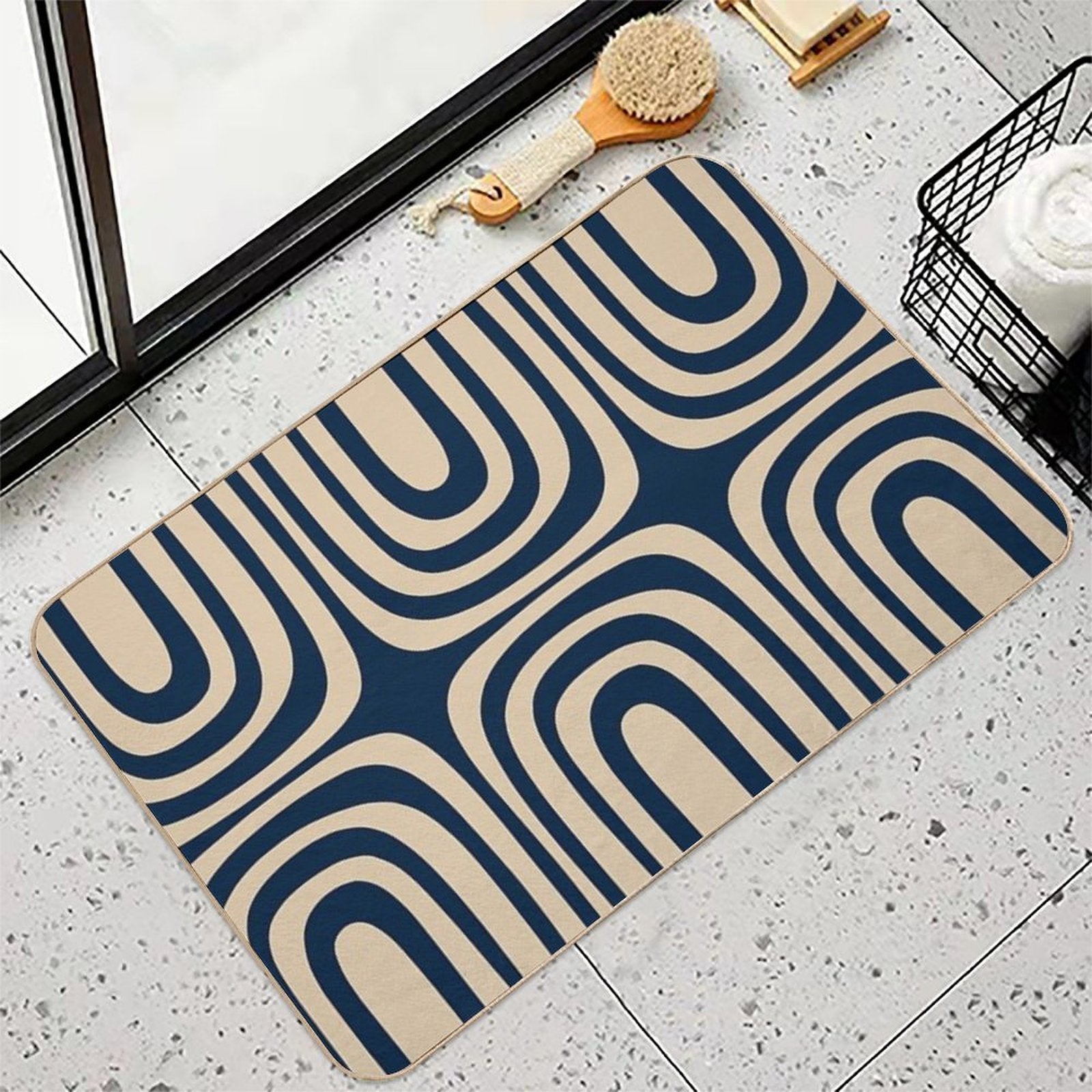 Midcentury Modern Confaab Abstract Pattern in Mid Mod Navy Blue And Beige  Stain-Proof Bath Mat