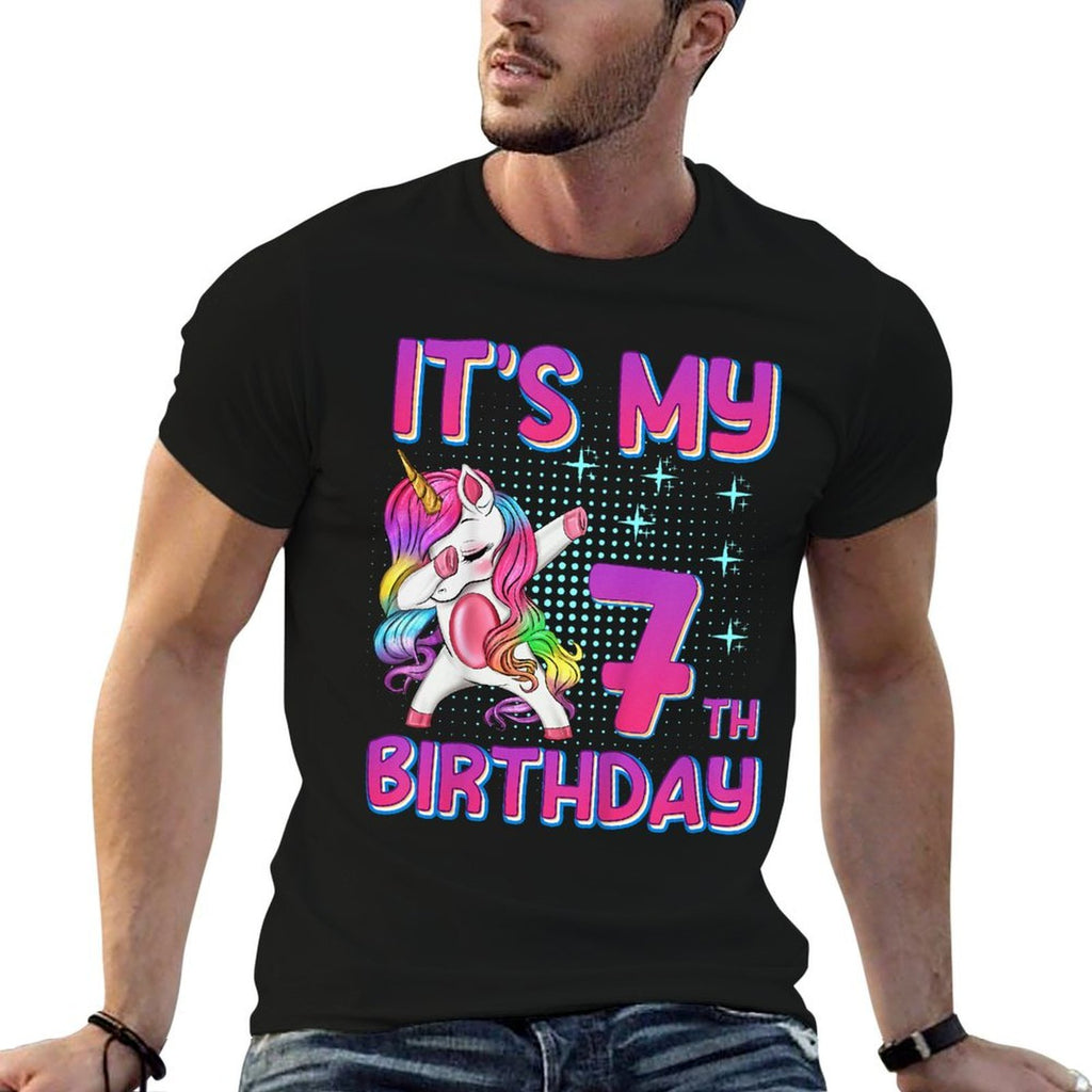Kids 7th Birthday Girl Unicorn Seven Year Old  Cotton T-Shirt