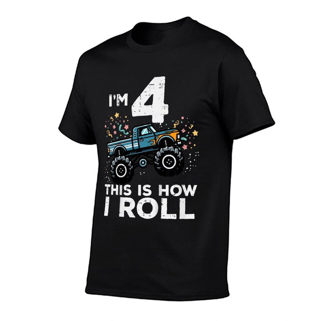 Kids Im 4 Monster Truck This How I Roll 4th Birthday Boys Kids  Ribbed Collar T-Shirt