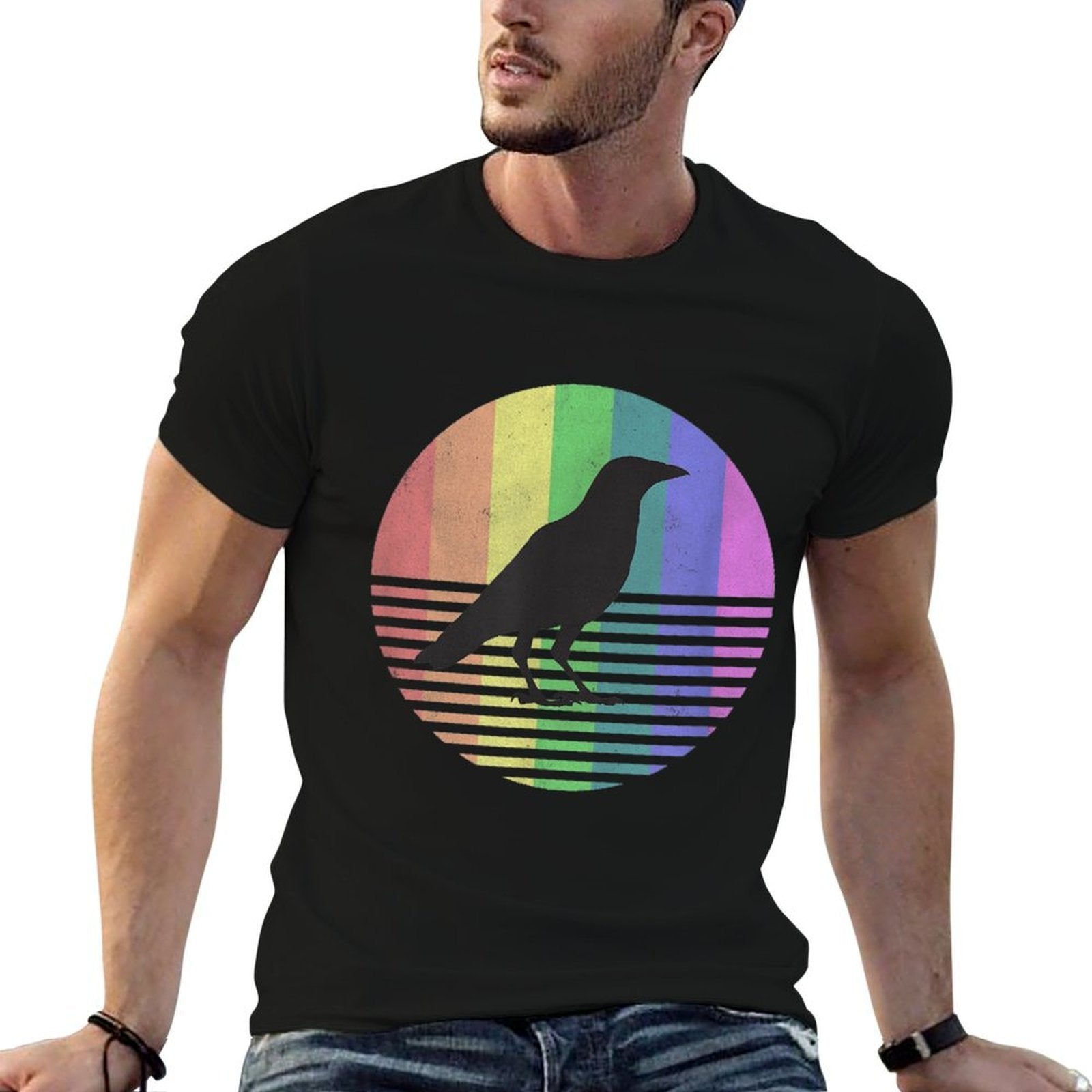 Retro Crow Gay Pride Rainbow 80s Bird Gift Distressed  Moisture-wicking T-Shirt