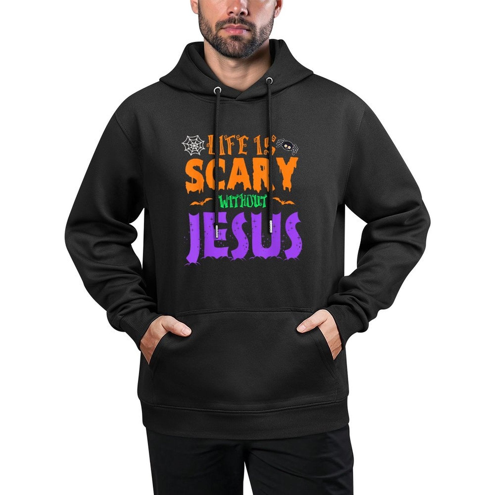 Life Without Jesus Is Scary Fall Christian Halloween Jesus Kangaroo Pocket Hoodie